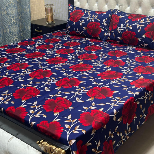 Red Floral Crystal Cotton Bedsheet Set – King Size 3 Piece Printed Bedding Set Blue