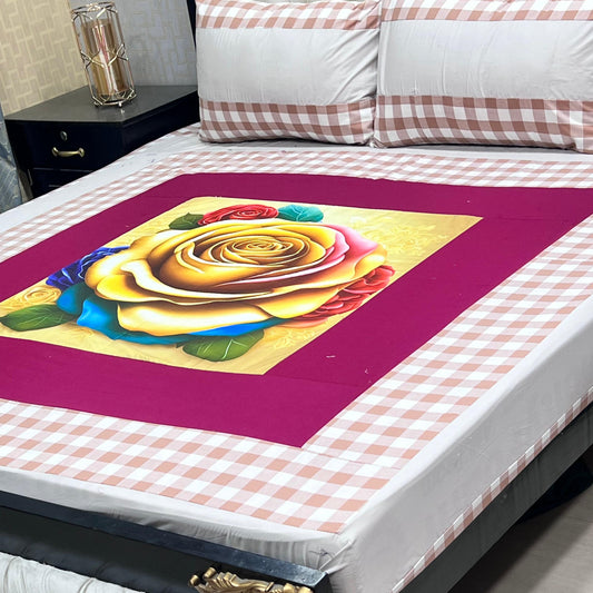 Elegant Golden Rose Digital Print King Size Bedsheet Set – 3 Piece Cotton Bedding Collection