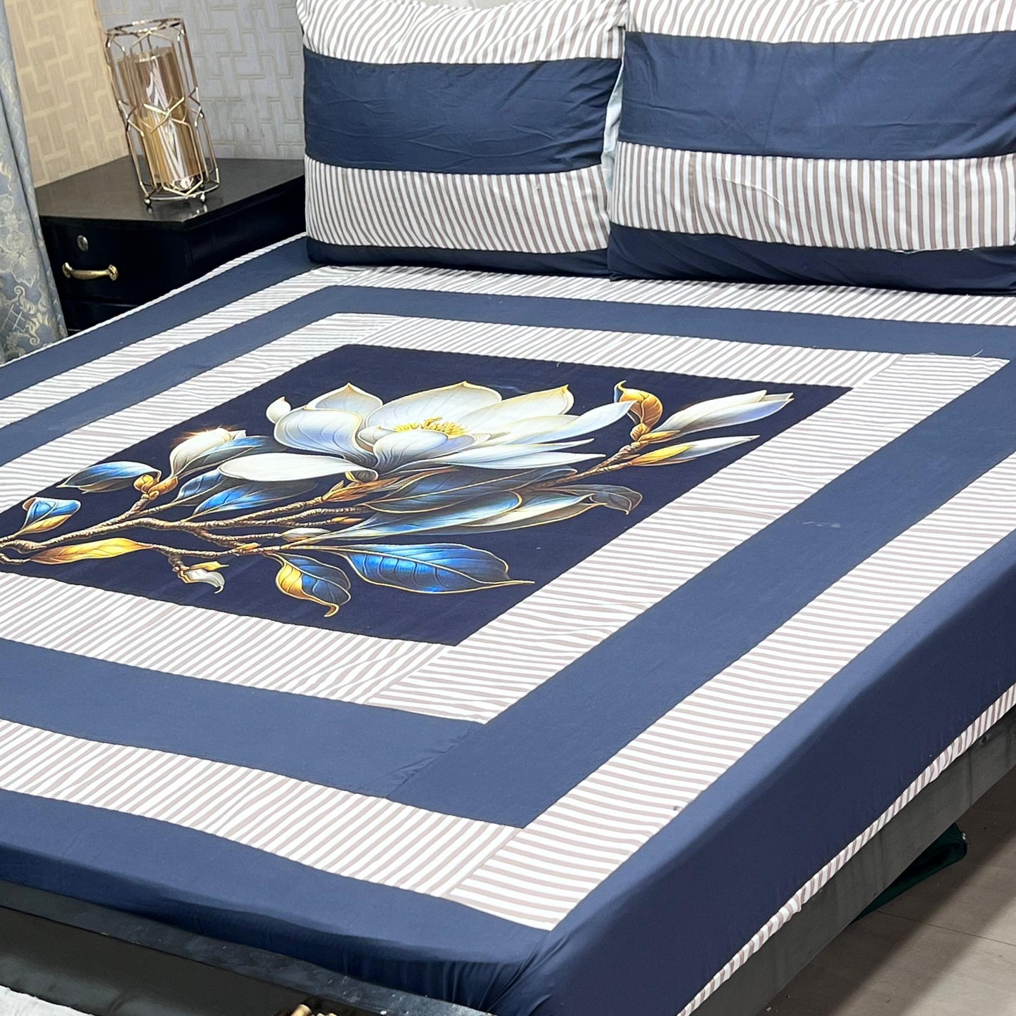 Royal Blue & White Floral Digital Print King Size Bedsheet Set – 3 Piece Premium Cotton Bedding