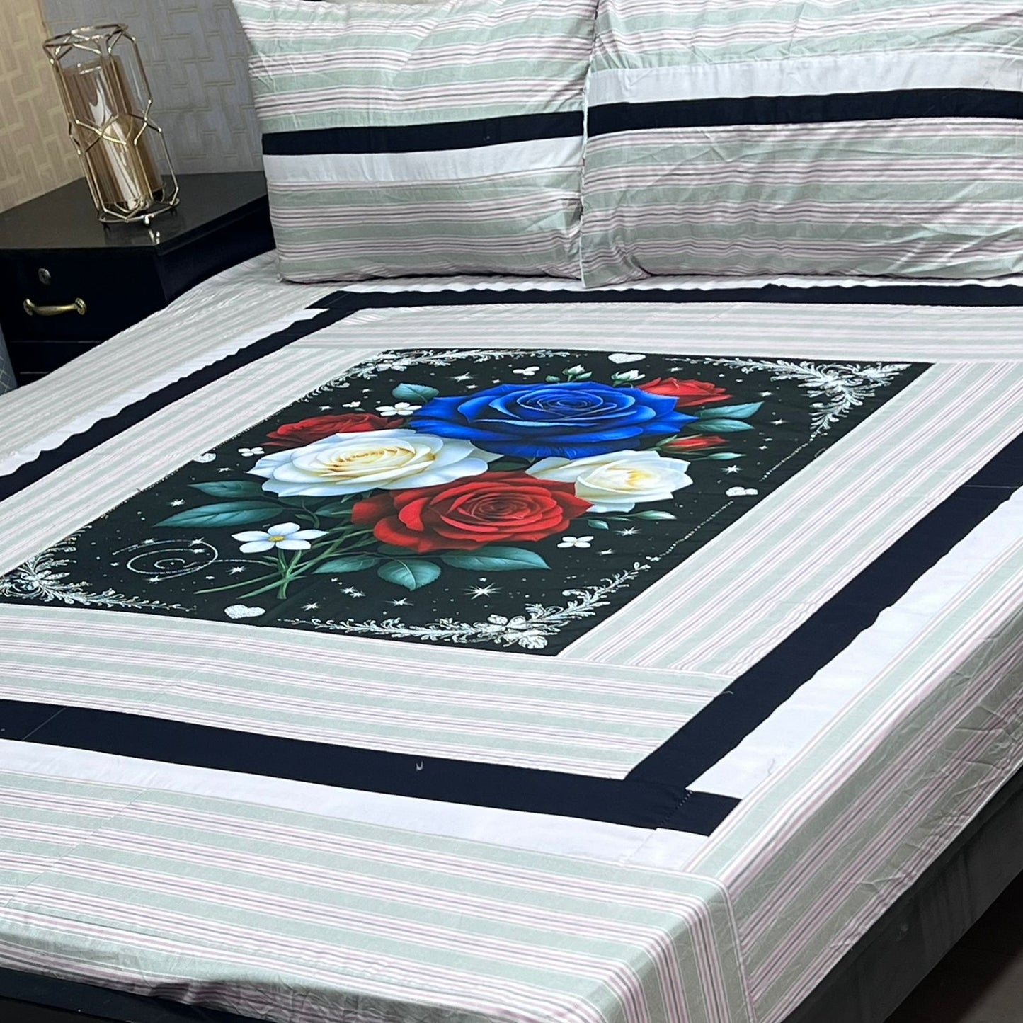 Luxury Floral Digital Print King Size Bedsheet Set – 3 Piece Cotton Bedding Set with 2 Pillow Covers