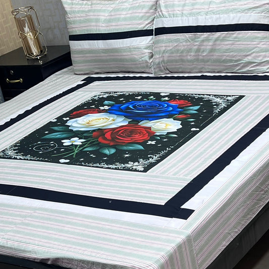 Luxury Floral Digital Print King Size Bedsheet Set – 3 Piece Cotton Bedding Set with 2 Pillow Covers