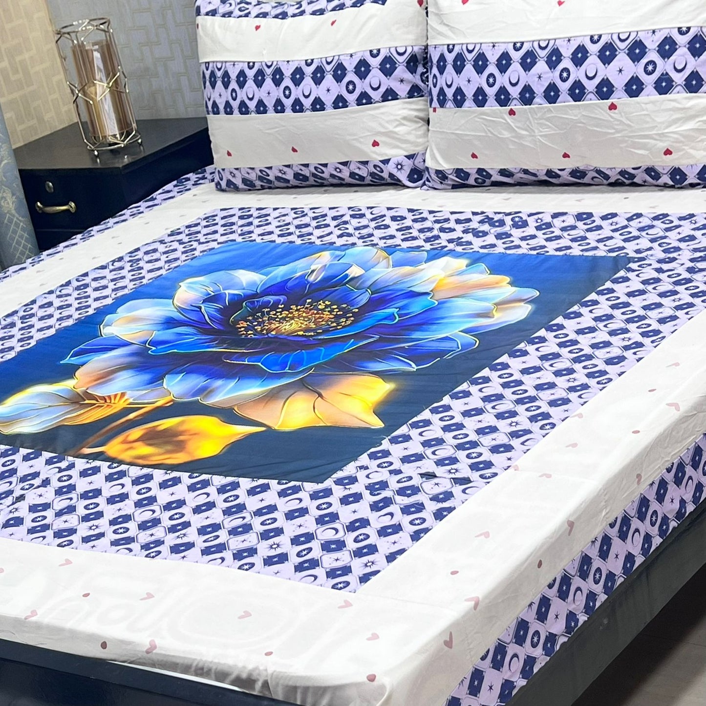 White & Blue Floral Digital Print King Size Bedsheet Set – 3 Piece Premium Cotton Bedding