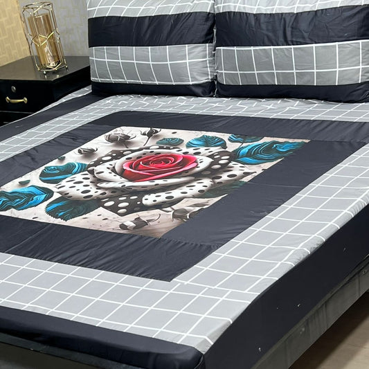 Elegant Black Floral Digital Print King Size Bedsheet Set – 3 Piece Premium Cotton Bedding