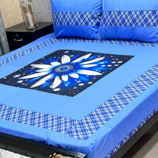 Royal Blue Floral Digital Print King Size Bedsheet Set – 3 Piece Cotton Bedding Collection