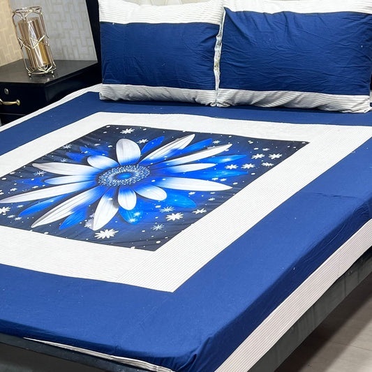 Royal Blue Floral Digital Print King Size Bedsheet Set – 3 Piece Cotton Bedding Collection