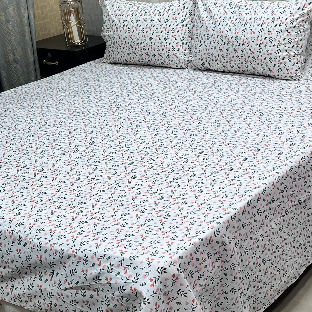 White Floral 3 Pcs Frill Bedsheet Set with Red Flowers – King Size High Cotton Sylonica Premium Luxury