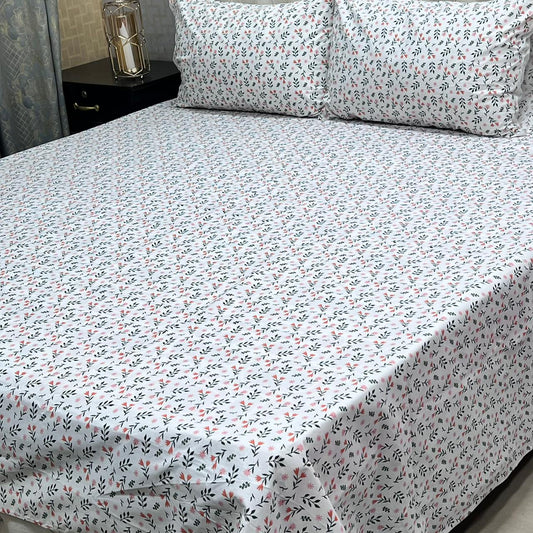 White Floral 3 Pcs Frill Bedsheet Set with Red Flowers – King Size High Cotton Sylonica Premium Luxury