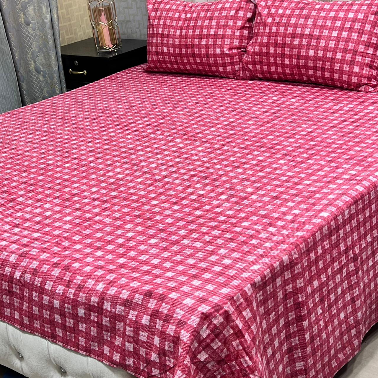 Red Checkered 3 Pcs Frill Bedsheet Set – King Size High Cotton Sylonica Premium Luxury Double Sided Bedding Set