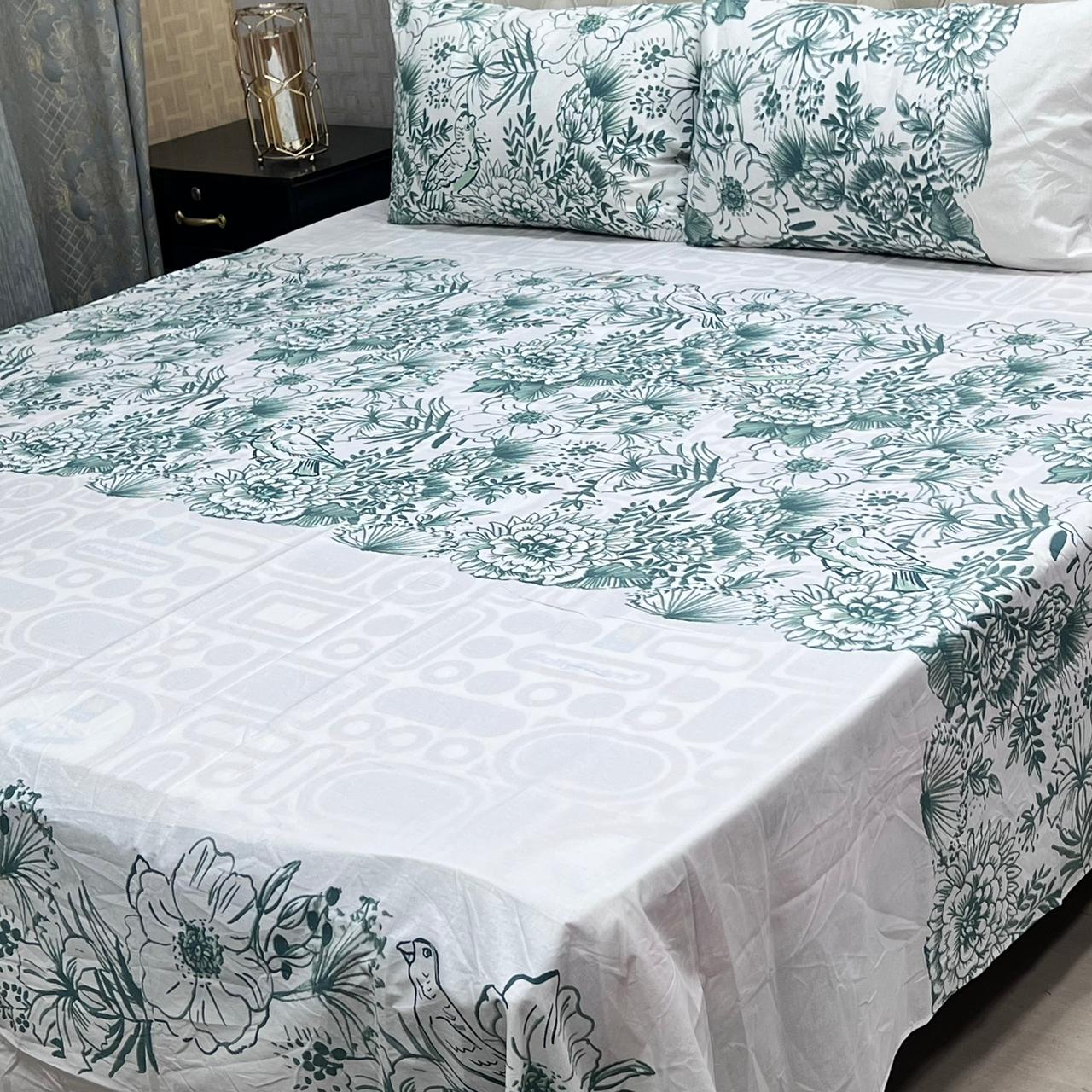 White Floral 3 Pcs Frill Bedsheet Set – King Size High Cotton Sylonica Premium Luxury Double Sided Bedding Set
