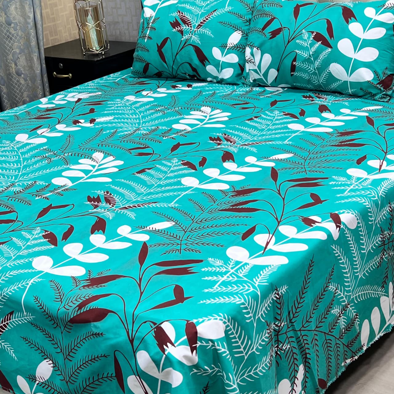 Ferozi Floral 3 Pcs Frill Bedsheet Set – King Size High Cotton Sylonica Premium Luxury Double Sided Bedding Set