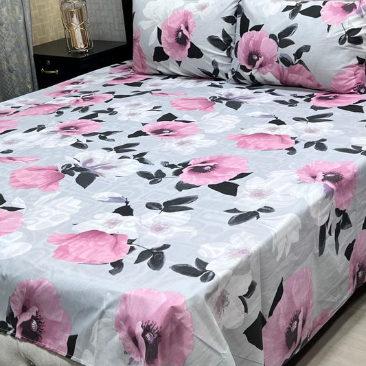 Light Grey Floral 3 Pcs Frill Bedsheet Set – King Size High Cotton Sylonica Premium Luxury Double Sided Bedding Set