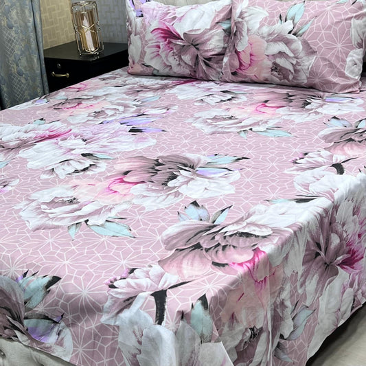 Light Pink Floral 3 Pcs Frill Bedsheet Set – King Size High Cotton Sylonica Premium Luxury Double Sided Bedding Set