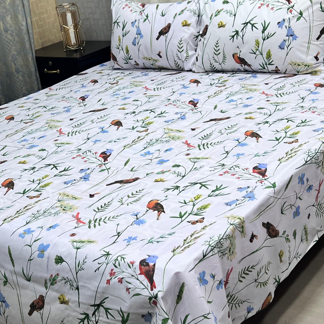 White Floral 3 Pcs Frill Bedsheet Set – King Size High Cotton Sylonica Premium Luxury Double Sided Bedding Set