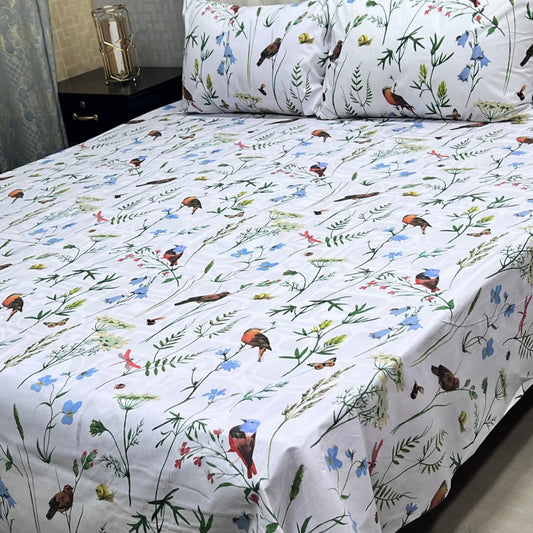 White Floral 3 Pcs Frill Bedsheet Set – King Size High Cotton Sylonica Premium Luxury Double Sided Bedding Set