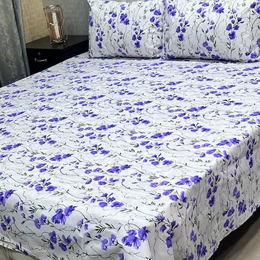 Beautiful White Floral 3 Pcs Frill Bedsheet Set – King Size High Cotton Sylonica Premium Luxury Double Sided Bedding Set