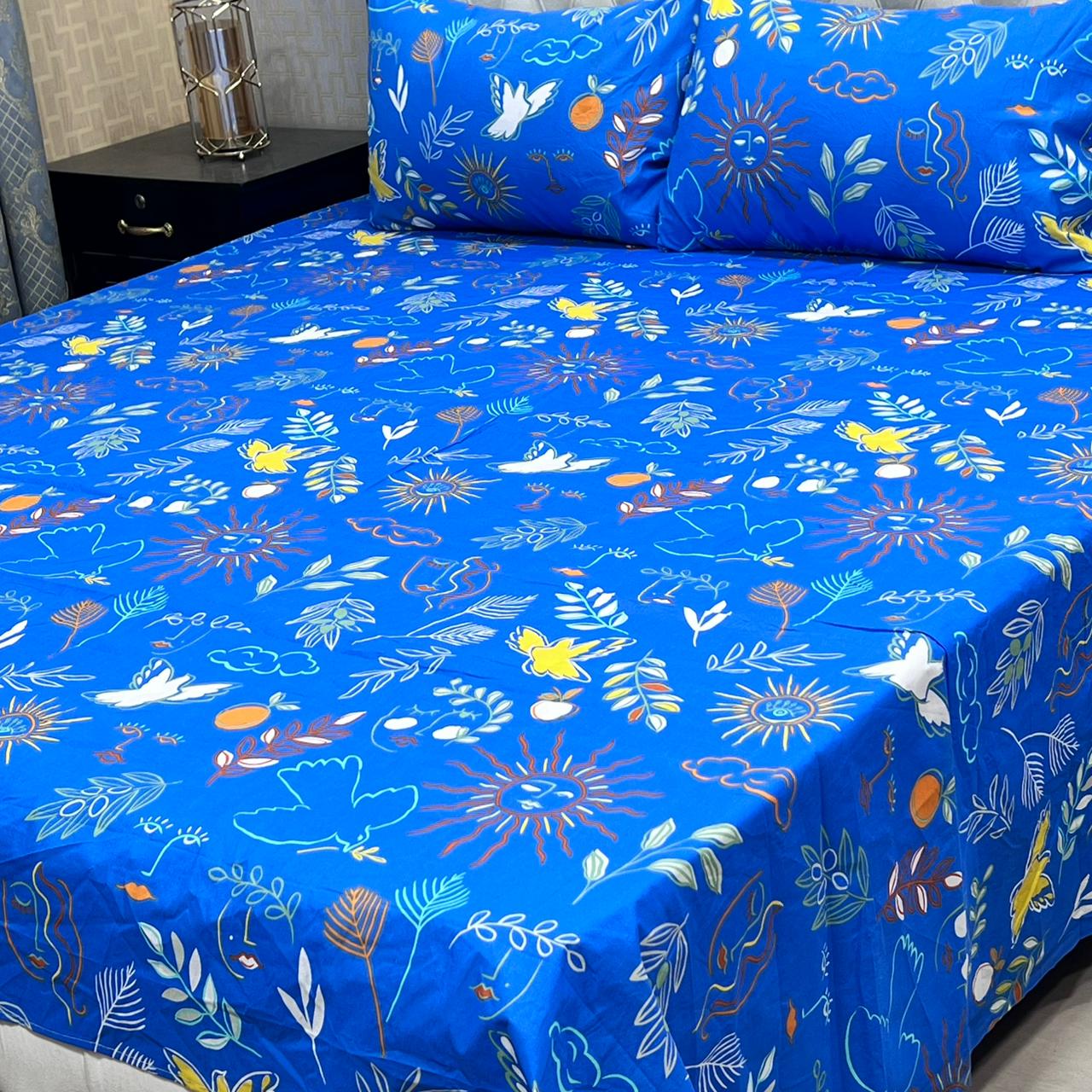 Royal Blue Floral 3 Pcs Frill Bedsheet Set – King Size High Cotton Sylonica Premium Luxury Double Sided Bedding Set