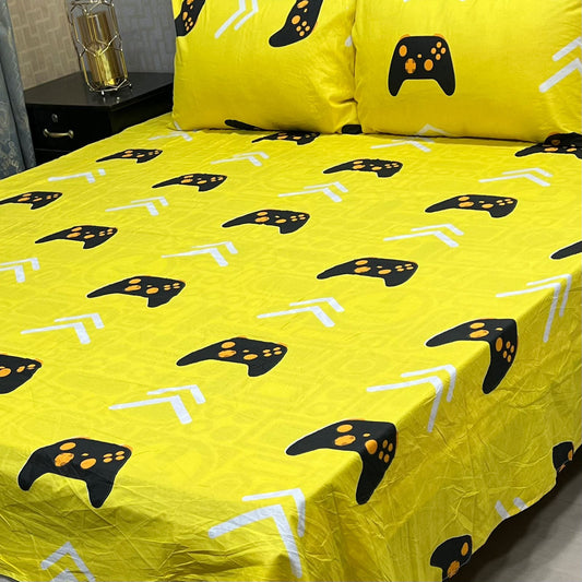 Yellow 3 Pcs Frill Bedsheet Set – King Size High Cotton Sylonica Premium Luxury Double Sided Bedding Set