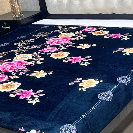 Navy blue Floral Digital Print King Size Bedsheet – Premium Cotton Bedding