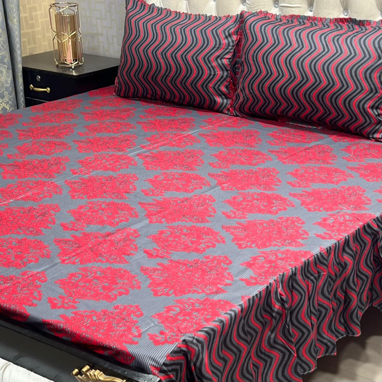 Red & Charcoal Floral 3 Pcs Frill Bedsheet Set – King Size Premium High Cotton Sylonica Luxury Bedding