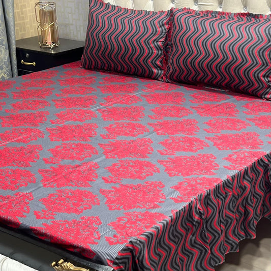 Red & Charcoal Floral 3 Pcs Frill Bedsheet Set – King Size Premium High Cotton Sylonica Luxury Bedding