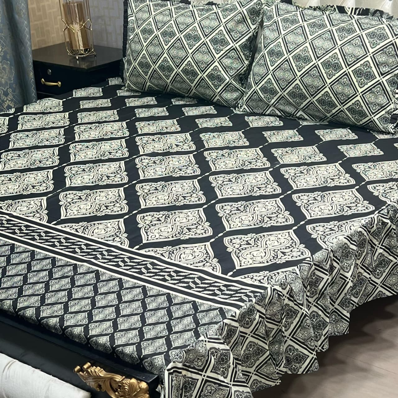 Black & White Royal Pattern 3 Pcs Frill Bedsheet Set – King Size Premium High Cotton Sylonica Luxury Bedding