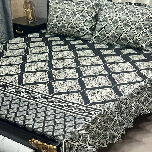 Black & White Royal Pattern 3 Pcs Frill Bedsheet Set – King Size Premium High Cotton Sylonica Luxury Bedding