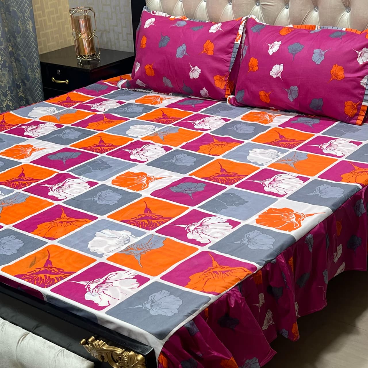 Multicolor Square Box 3 Pcs Frill Bedsheet Set – King Size Premium High Cotton Sylonica Luxury Bedding