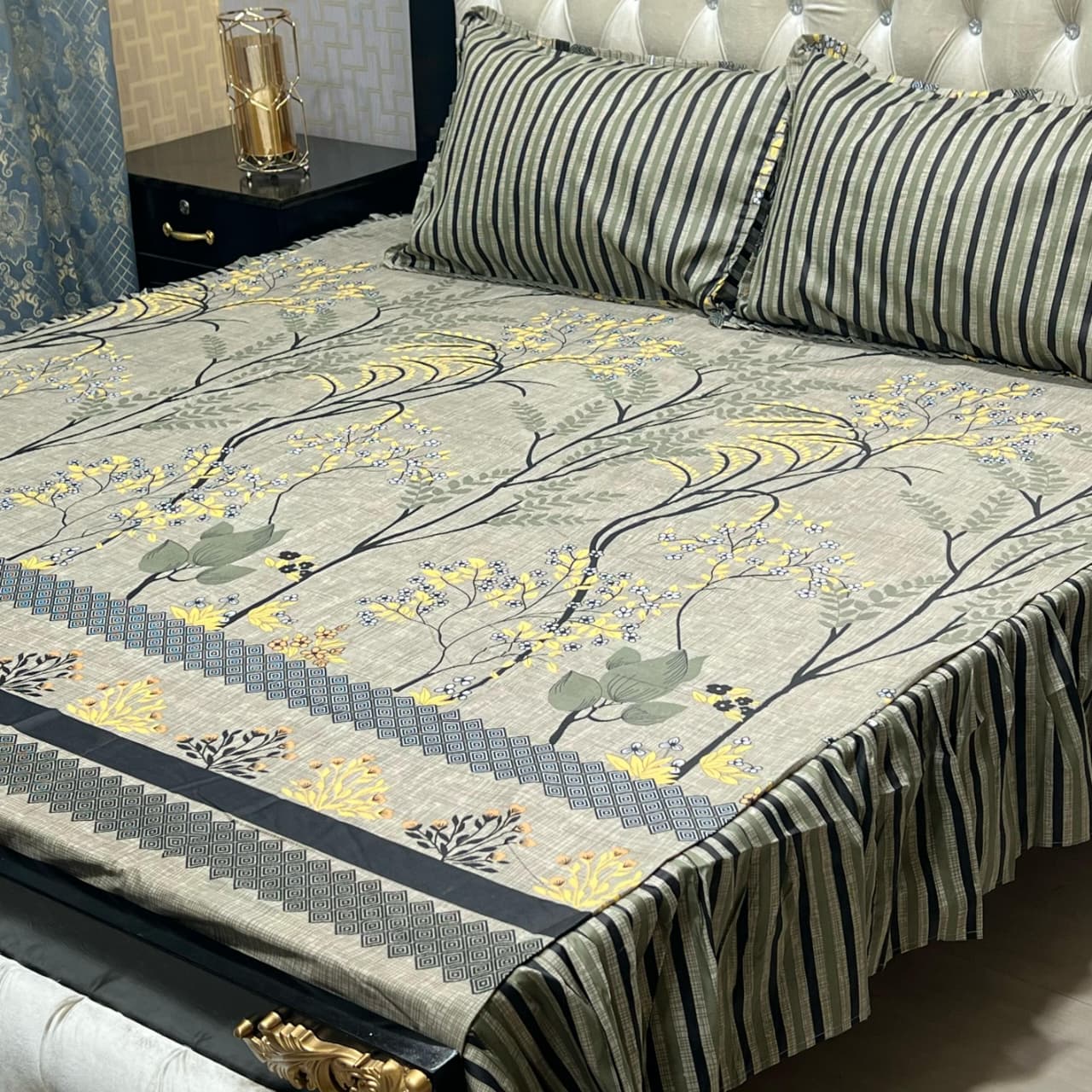 Elegant Grey Floral 3 Pcs Frill Bedsheet Set – King Size Premium High Cotton Sylonica Luxury Bedding