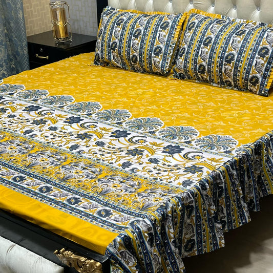 Yellow Floral 3 Pcs Frill Bedsheet Set – King Size Premium High Cotton Sylonica Luxury Bedding
