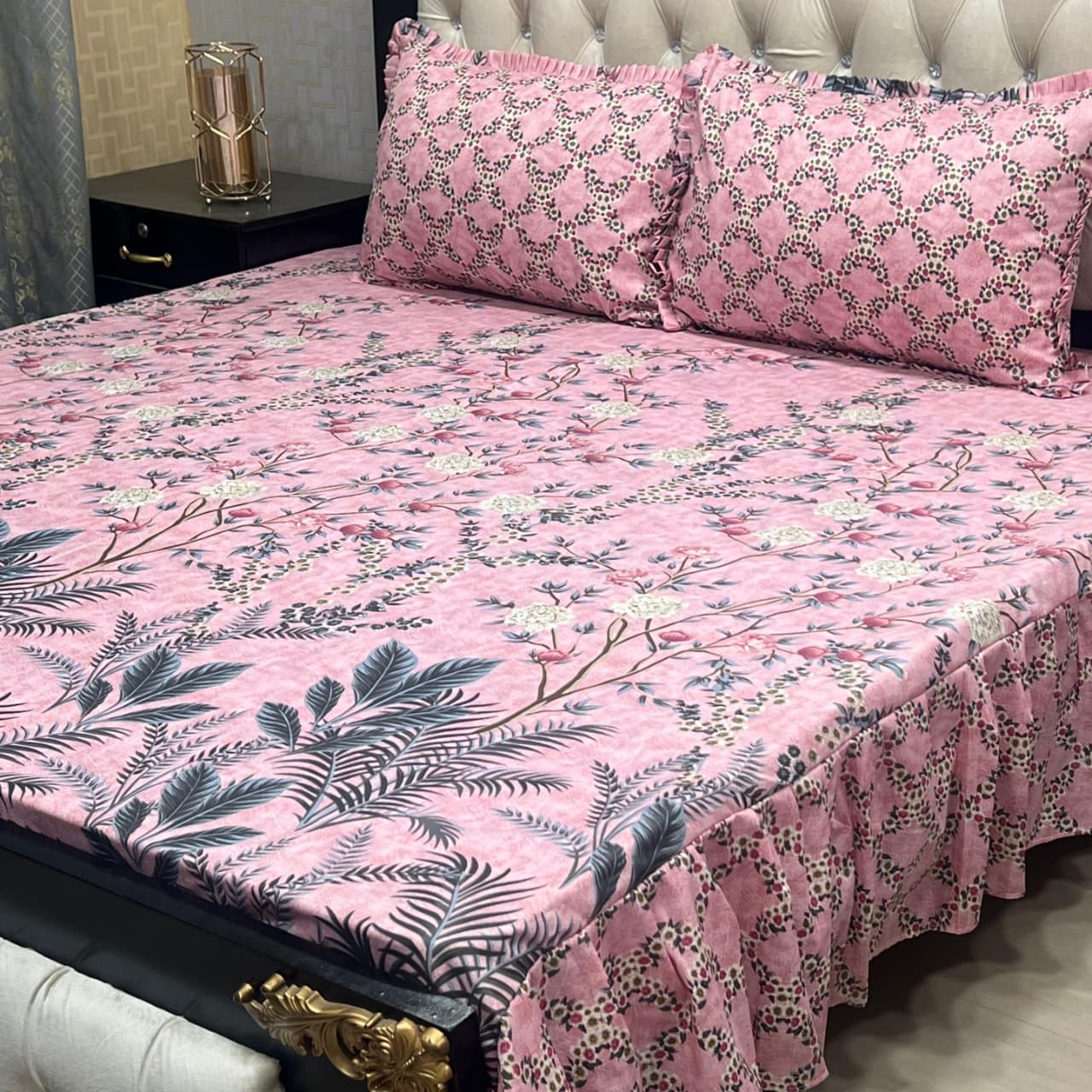 Pink Floral 3 Pcs Frill Bedsheet Set – King Size Premium High Cotton Sylonica Luxury Bedding