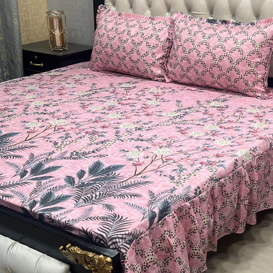 Pink Floral 3 Pcs Frill Bedsheet Set – King Size Premium High Cotton Sylonica Luxury Bedding