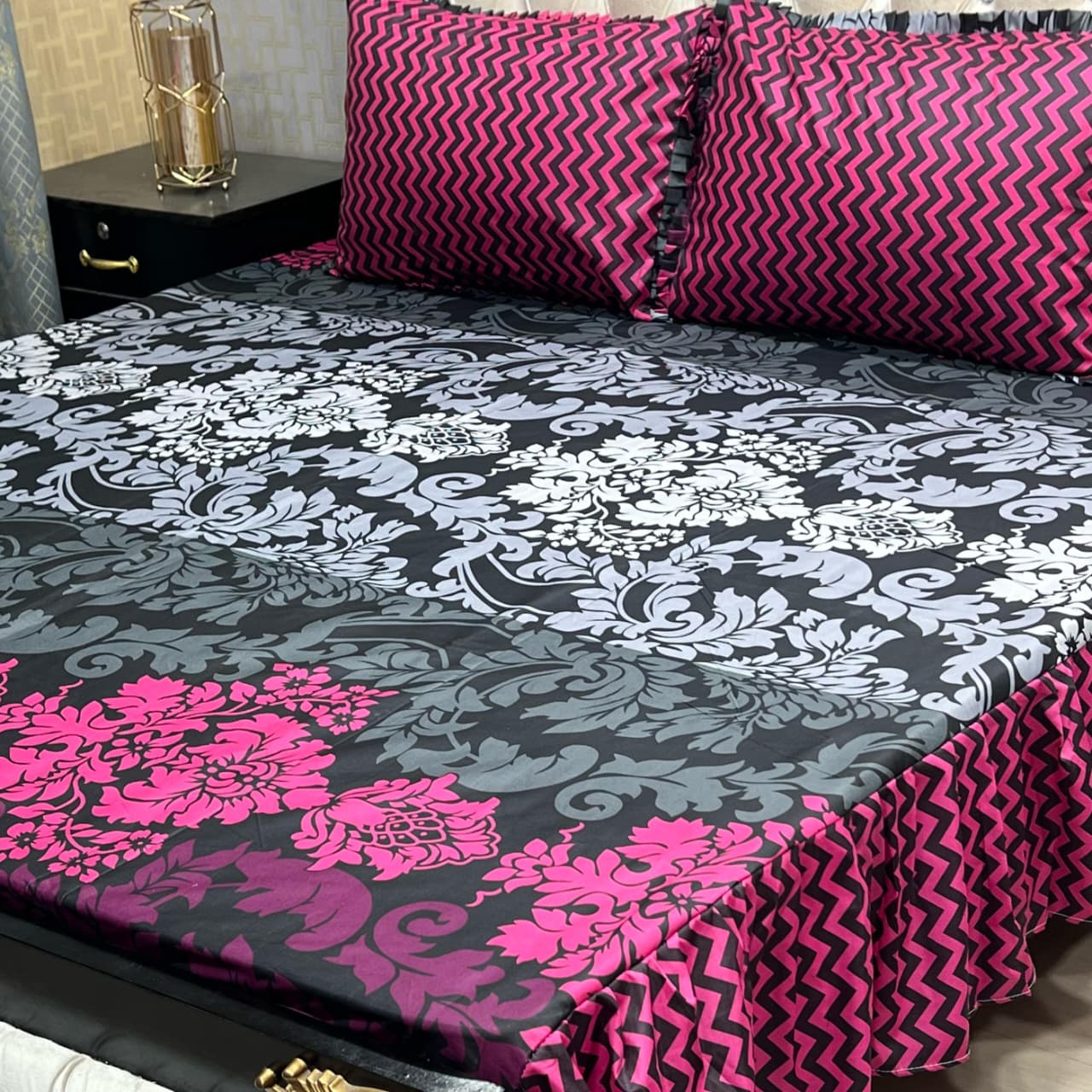 Black Floral Premium 3 Pcs Frill Bedsheet Set – King Size Elegant Soft Cotton Luxury Bedding