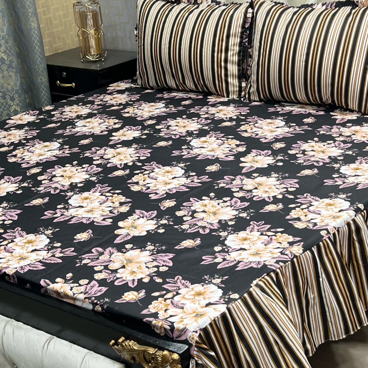 Black Floral Premium 3 Pcs Frill Bedsheet Set – King Size Luxury Soft Cotton Elegant Bedding