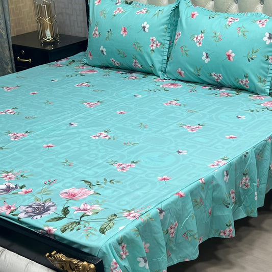 Ferozi Floral Premium 3 Pcs Frill Bedsheet Set – King Size Soft Cotton Luxury Elegant Bedding