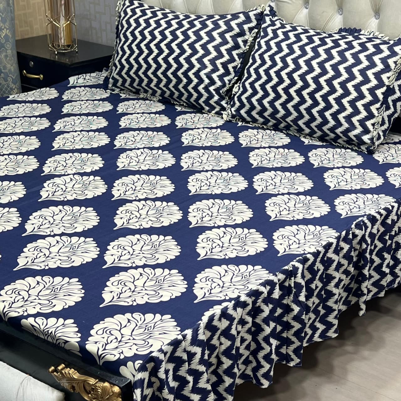 Royal Blue Floral Premium 3 Pcs Frill Bedsheet Set – King Size Elegant Soft Cotton Luxury Bedding