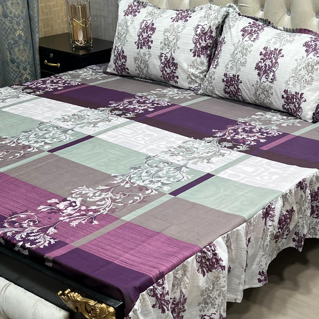 Multicolor Floral Premium 3 Pcs Frill Bedsheet Set – King Size Elegant Soft Cotton Luxury Bedding