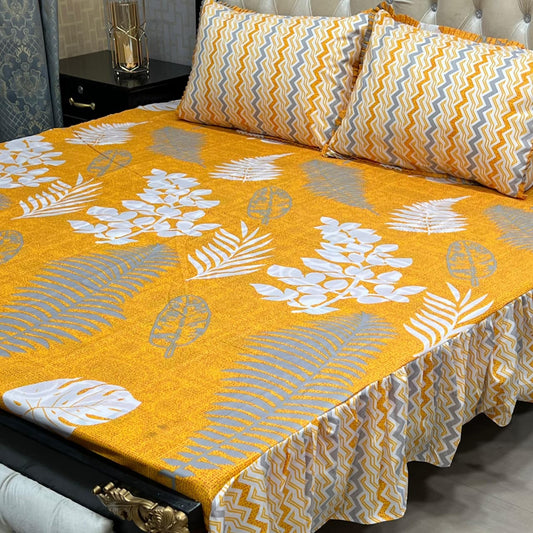Yellow Floral Premium 3 Pcs Frill Bedsheet Set – King Size Elegant Soft Cotton Luxury Bedding