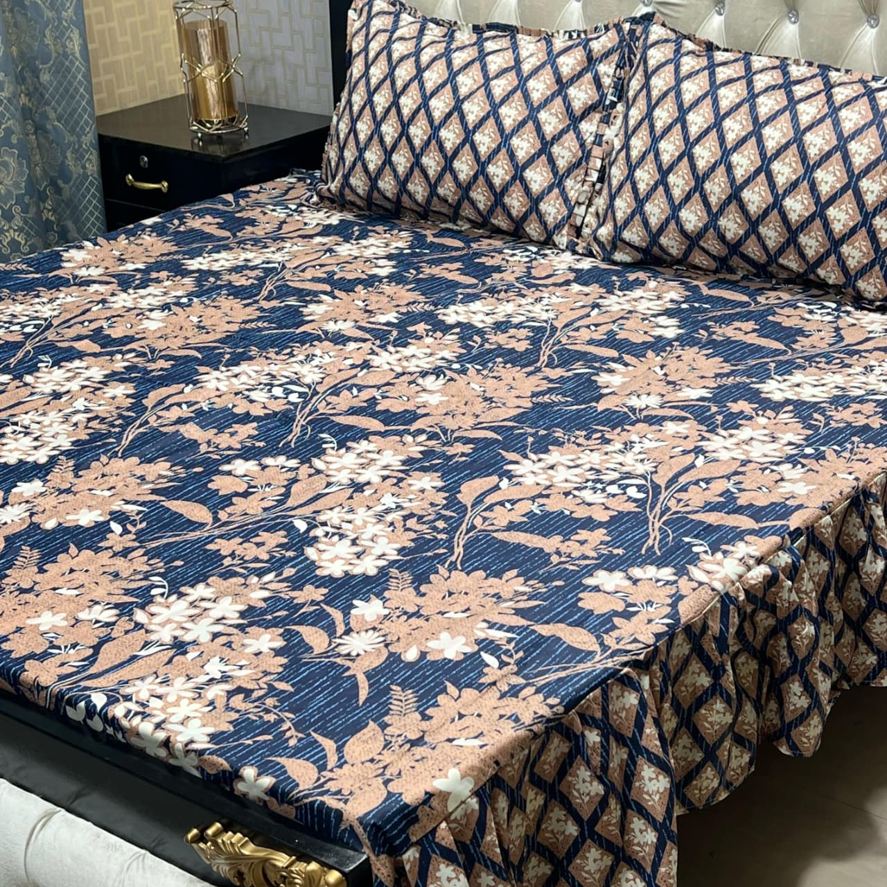 Blue Floral Premium 3 Pcs Frill Bedsheet Set – King Size Elegant Soft Cotton Luxury Bedding