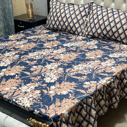 Blue Floral Premium 3 Pcs Frill Bedsheet Set – King Size Elegant Soft Cotton Luxury Bedding