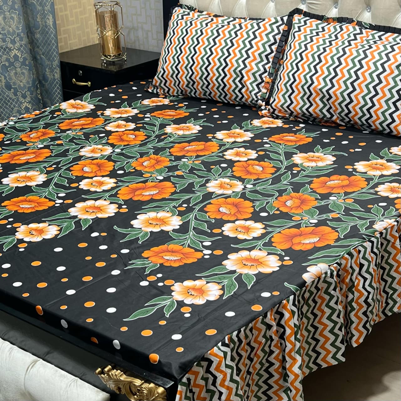 Elegant Black Floral Premium 3 Pcs Frill Bedsheet Set – King Size Soft Cotton Luxury Bedding