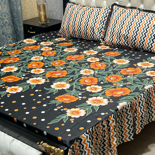 Elegant Black Floral Premium 3 Pcs Frill Bedsheet Set – King Size Soft Cotton Luxury Bedding