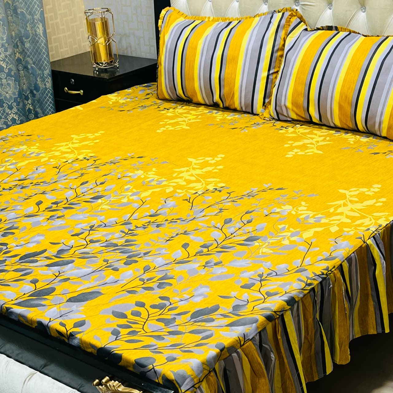 Yellow Floral Premium 3 Pcs Frill Bedsheet Set – King Size Soft Cotton Luxury Bedding