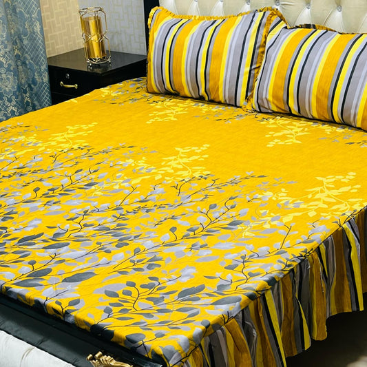 Yellow Floral Premium 3 Pcs Frill Bedsheet Set – King Size Soft Cotton Luxury Bedding