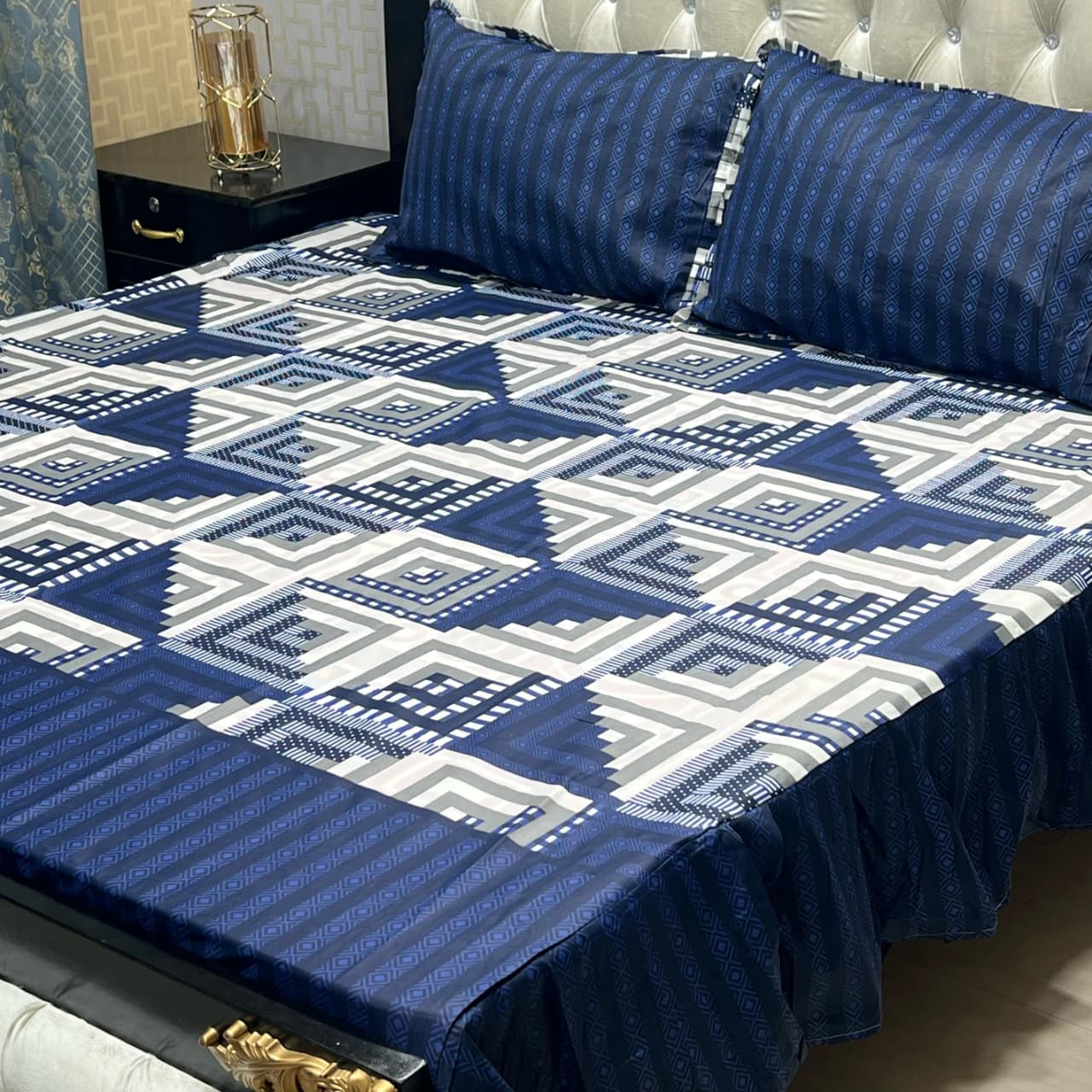 Blue Premium 3 Pcs Frill Bedsheet Set – King Size Soft Cotton Luxury Bedding