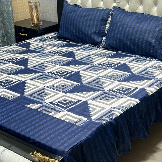 Blue Premium 3 Pcs Frill Bedsheet Set – King Size Soft Cotton Luxury Bedding