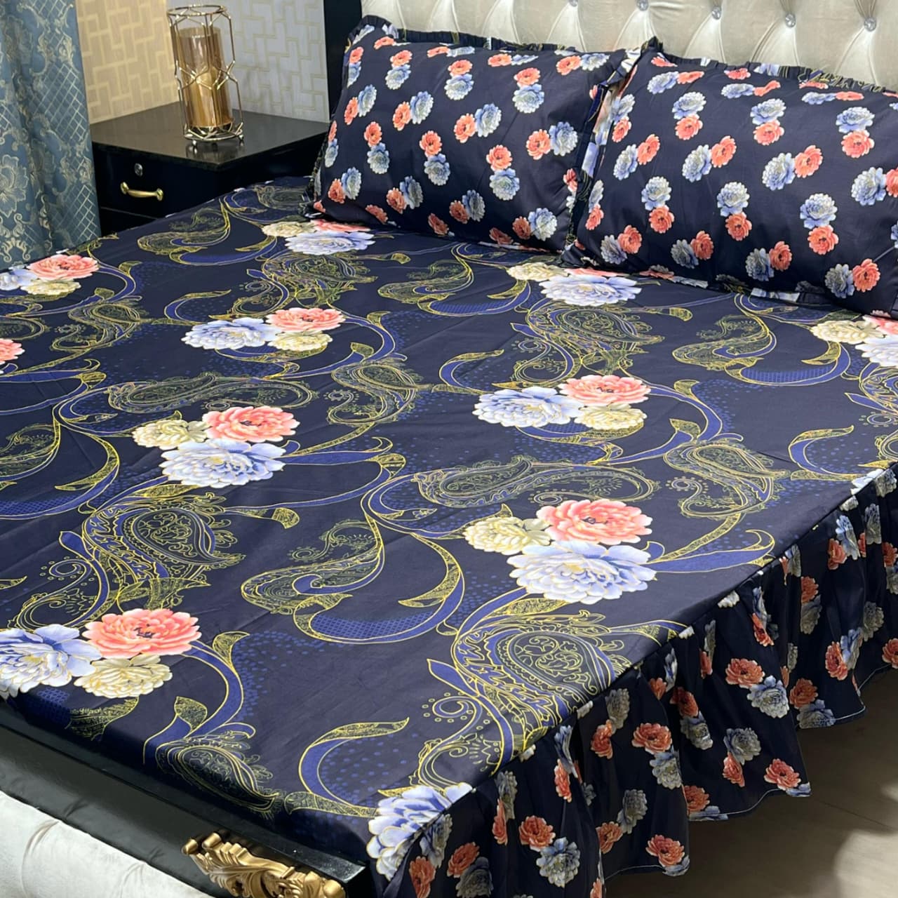 Blue Floral Premium 3 Pcs Frill Bedsheet Set – King Size Soft Cotton Luxury Bedding