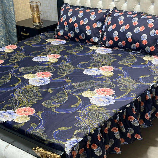 Blue Floral Premium 3 Pcs Frill Bedsheet Set – King Size Soft Cotton Luxury Bedding