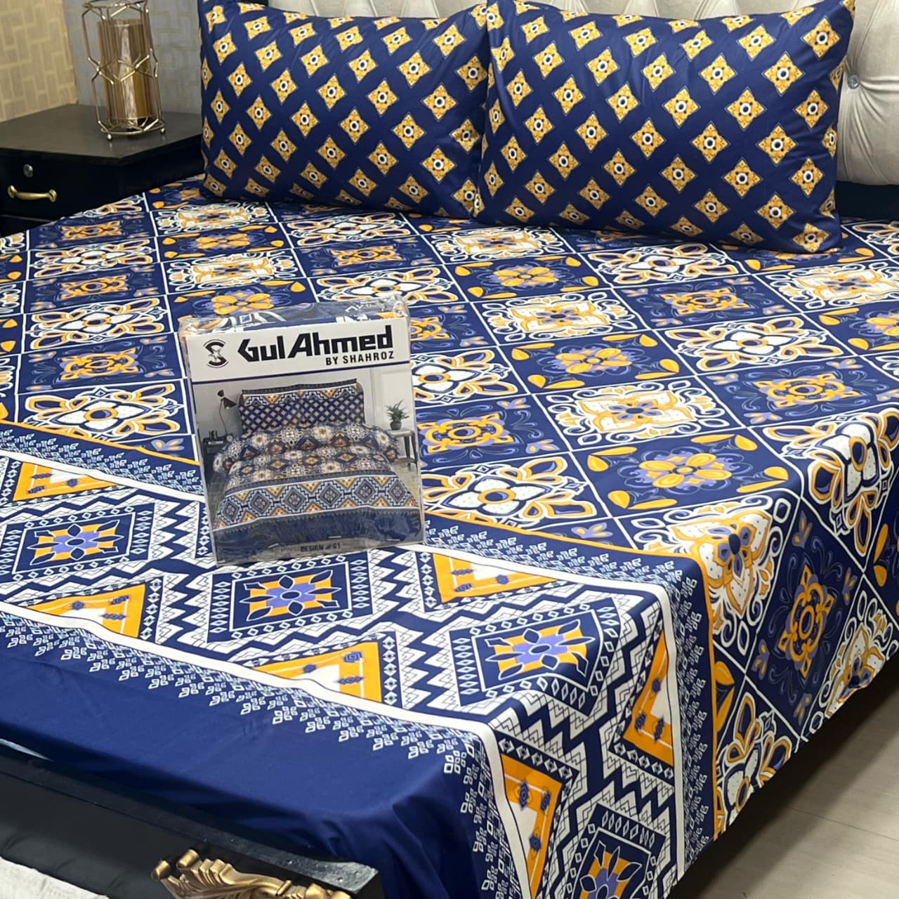 Blue & Yellow Floral Premium 3 Pcs Frill Bedsheet Set – King Size Soft Cotton Luxury Bedding