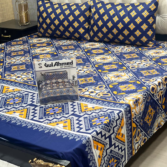 Blue & Yellow Floral Premium 3 Pcs Frill Bedsheet Set – King Size Soft Cotton Luxury Bedding