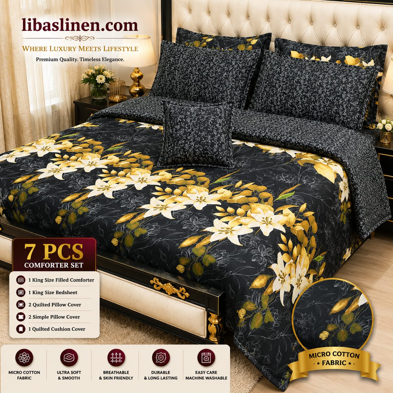 7 Piece Printed Comforter Set – King Size Cotton Mix Luxury Bedding Set with Filled Comforter